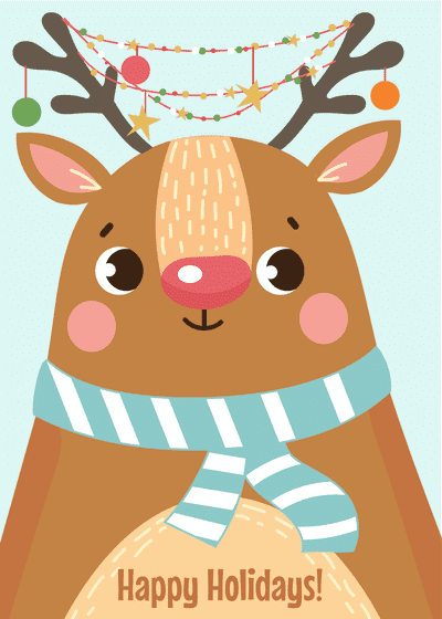 Free Printable Christmas Card Happy Holidays Deer With Decorations Antlers