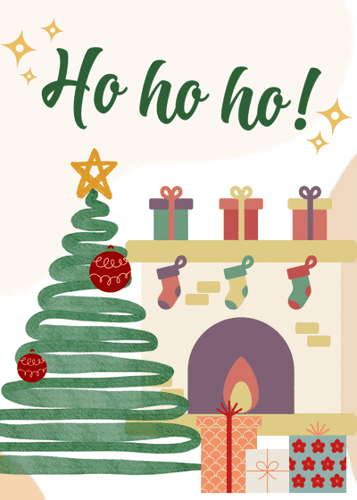 Free Printable Christmas Card Ho Ho Ho Cute Cozy Fireplace