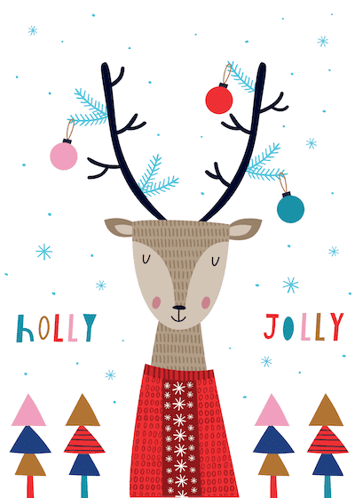 Free Printable Christmas Card Scandi Deer Ornaments Holly Jolly