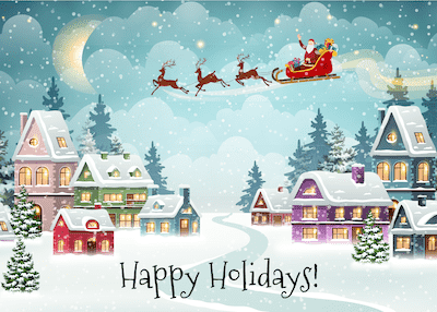 Free Printable Christmas Card Snow Village Santa Sleigh Happy Holidays