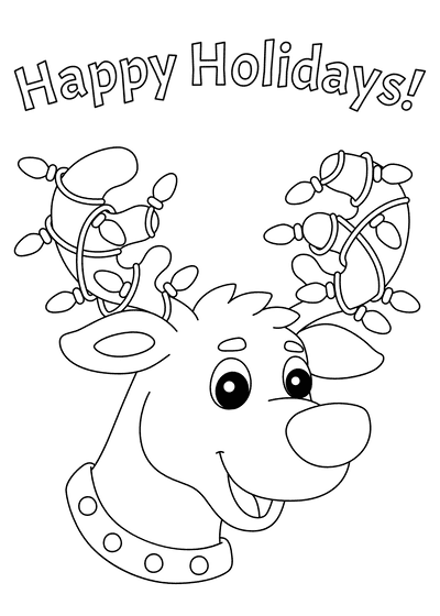 Free Printable Christmas Card to Color Happy Holidays Funny Reindeer With Lights