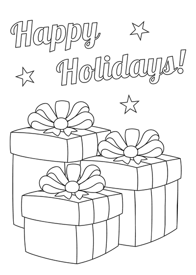 Free Printable Christmas Card to Color Happy Holidays Gifts With Ribbons
