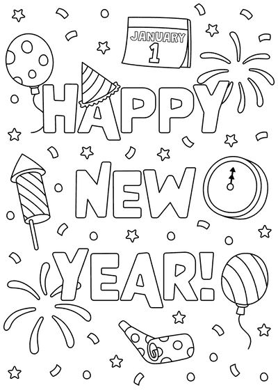 Free Printable Christmas Card to Color Happy New Year Confetti Fireworks