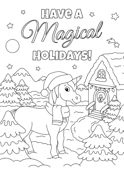 Free Printable Christmas Card to Color Have a Magical Holidays Unicorn Snow