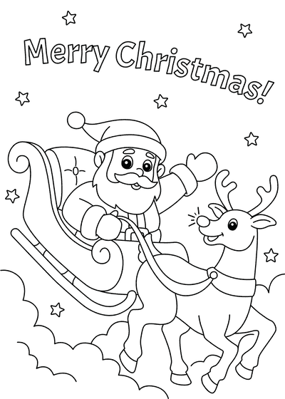 Free Printable Christmas Card to Color Merry Christmas Santa Reindeer Sleigh