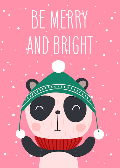 Free Printable Christmas Cards Be Merry and Bright Panda Winter Hat