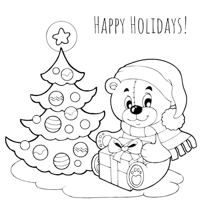Free Printable Christmas Cards Coloring Cute Bear Tree Gifts