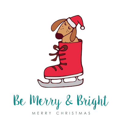 Free Printable Christmas Cards Merry Bright Cute Dog in Skate