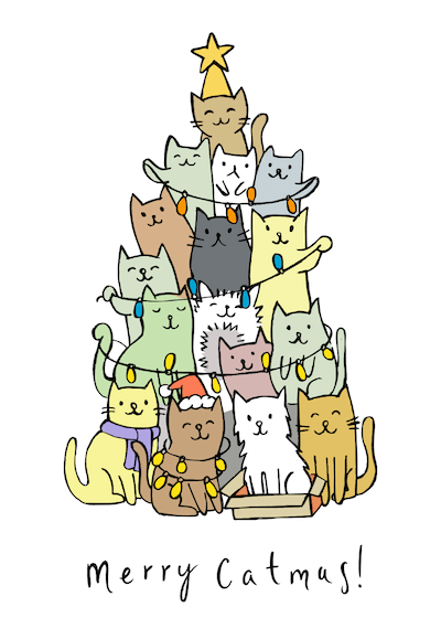 Free Printable Christmas Cards Merry Catmas Cute Cats Tree Lights