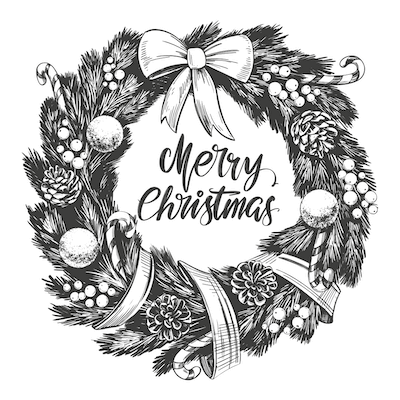Free Printable Christmas Cards Merry Wreath Black White