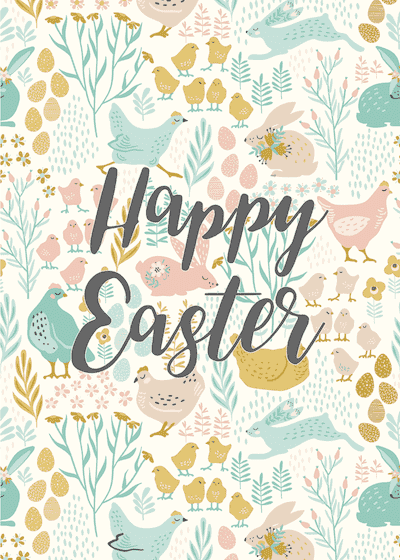 Free Printable Easter Cards 5x7 Chicken Rabbit Flowers Background
