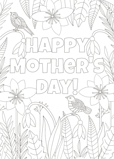 Free Printable Mothers Day Cards to Color Flowers Birds