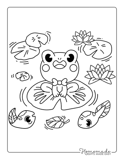 Frog Coloring Pages Kawaii Hand Drawn Frog With Bowtie on Lilypad and Tadpoles Frog Coloring Pages Kawaii Hand Drawn Frog With Bowtie on Lilypad and Tadpoles