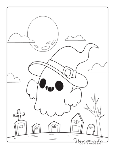 Ghost Coloring Pages Cute Halloween Ghost in Graveyard