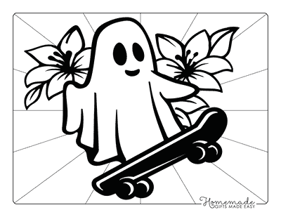 Ghost Coloring Pages Easy Cool Skateboarding Ghost Floral Background