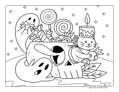 Ghost Coloring Pages Halloween Skull With Ghosts Cat and Candy