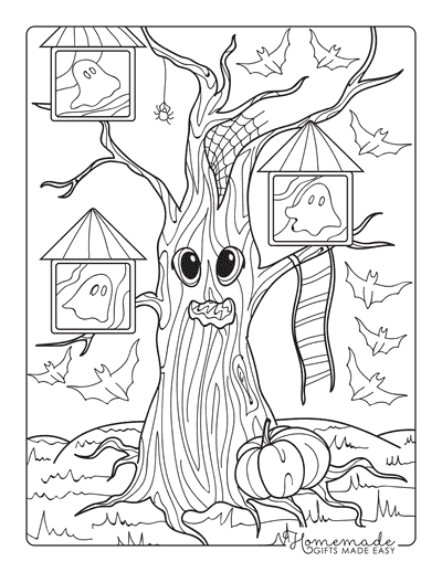 Ghost Coloring Pages Scary Halloween Tree With Ghosts