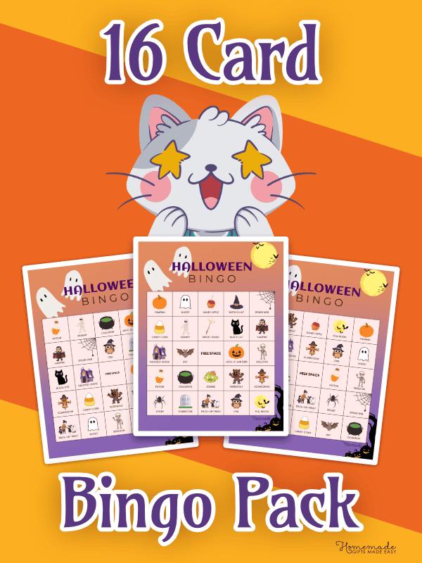 Halloween Bingo Cards Orange and Purple Playful 16 Pack