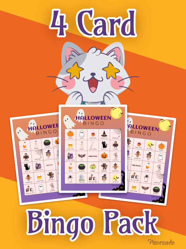 Halloween Bingo Cards Orange and Purple Playful 4 Pack