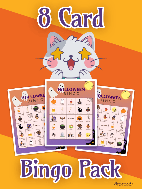 Halloween Bingo Cards Orange and Purple Playful 8 Pack