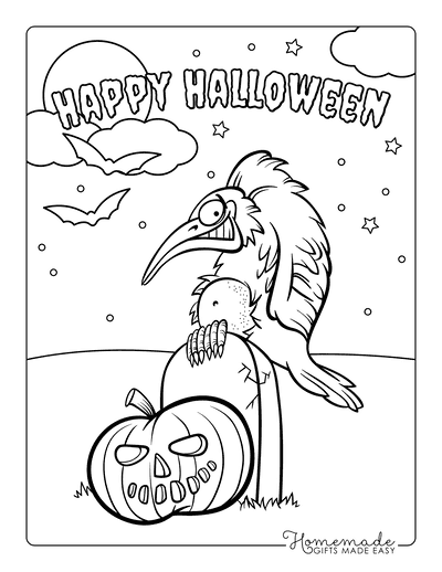 Halloween Coloring Pages Bird Headstone Pumpkin