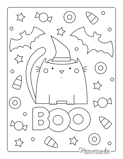Halloween Coloring Pages Boo Cat Bats Candy