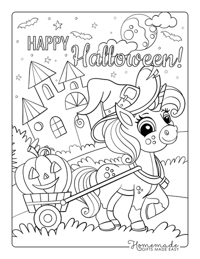 Halloween Coloring Pages Cute Unicorn Pumpkin Cart Castle