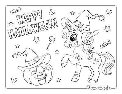 Halloween Coloring Pages Cute Unicorn Pumpkin Lantern Hat