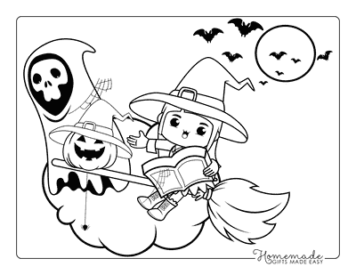 Halloween Coloring Pages Cute Witch With Grim Reaper Cartoon to Color