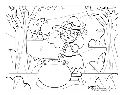 Halloween Coloring Pages Easy Witch With Cauldron Outline for Kids