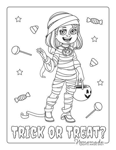 Halloween Coloring Pages Girl Mummy Costume Trick or Treat