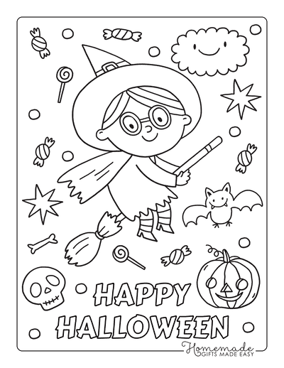 Halloween Coloring Pages Girl Witch Flying Treats
