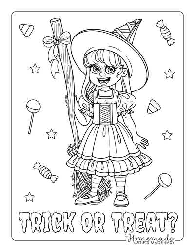 Halloween Coloring Pages Girl Witches Costume Broomstick