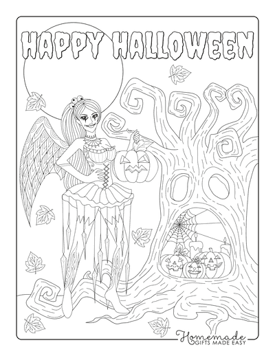 Halloween Coloring Pages Goth Fairy Spooky Tree Pumpkins