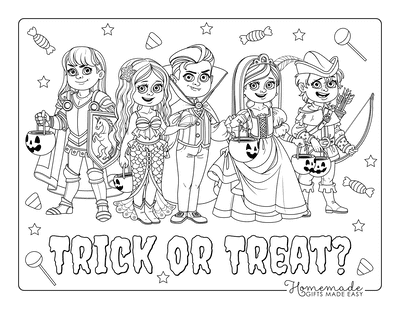 Halloween Coloring Pages Group Children Costumes Trick or Treat