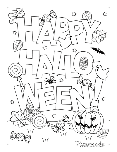 Halloween Coloring Pages Happy Halloween Sign Candy Pumpkin Spiders
