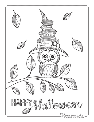Halloween Coloring Pages Owl Witches Hat for Adults