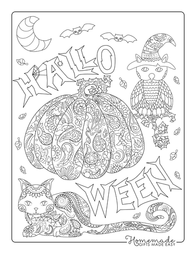 Halloween Coloring Pages Pumpkin Cat Owl Intricate Pattern