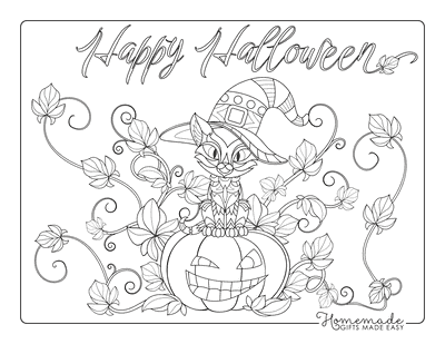 Halloween Coloring Pages Pumpkin Vine Cat Hat