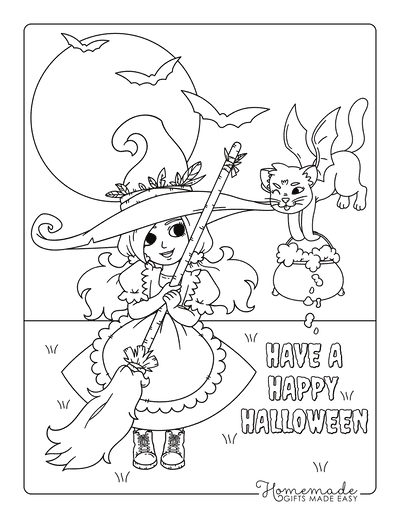 Halloween Coloring Pages Witch Broom Cat Cauldron