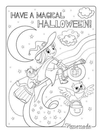 Halloween Coloring Pages Witch Flying Broomstick Cat Owl