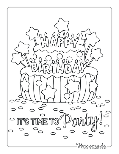 Happy Birthday Coloring Pages Cake Candles Stars Confetti