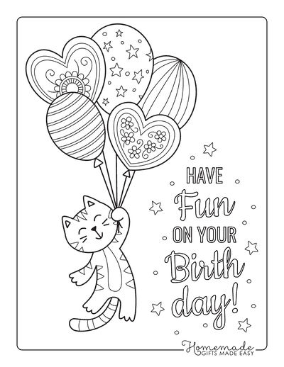 Happy Birthday Coloring Pages Cat Bunch Balloons