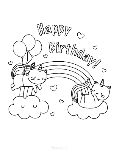Happy Birthday Coloring Pages Caticorns Rainbow Hearts