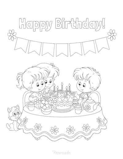 Happy Birthday Coloring Pages Children Party Cake Banner