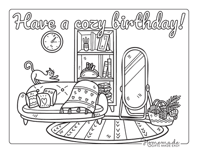 Happy Birthday Coloring Pages Cozy Living Room Relaxing Birthday for Adults