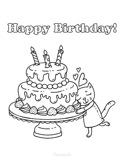 Happy Birthday Coloring Pages Cute Cat Cake Candles