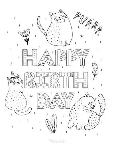 Happy Birthday Coloring Pages Cute Cats Shaped Font
