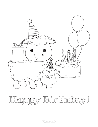 Happy Birthday Coloring Pages Cute Sheep Chick Gift Cake Balloons