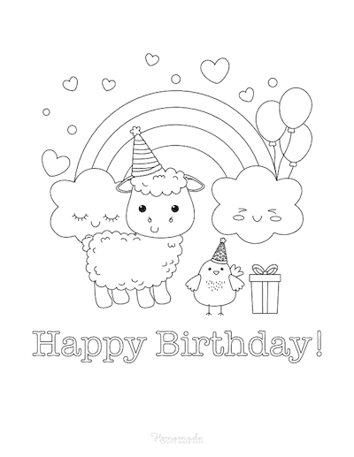 Happy Birthday Coloring Pages Cute Sheep Chick Rainbow Hearts Balloons